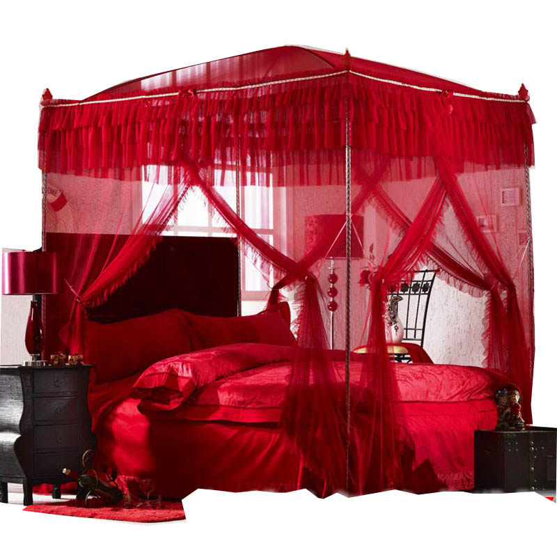 加粗不锈钢结婚庆大红色蚊帐三开门方顶加高支架加密帐纱双人床