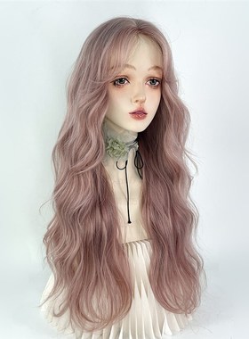 薄藤粉紫色蕾丝假发羊毛卷手勾长卷发大波浪水波纹全头套女lolita