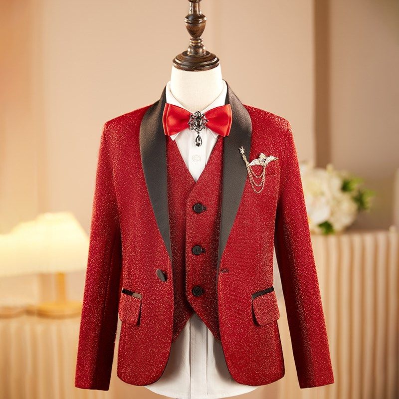 男童西装套装舞台晚会主持人儿童礼服走秀钢琴演出服红色亮片高端