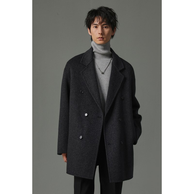 w2x秋冬季950g重磅长毛双面羊毛呢大衣男短款设计感妮子风衣外套