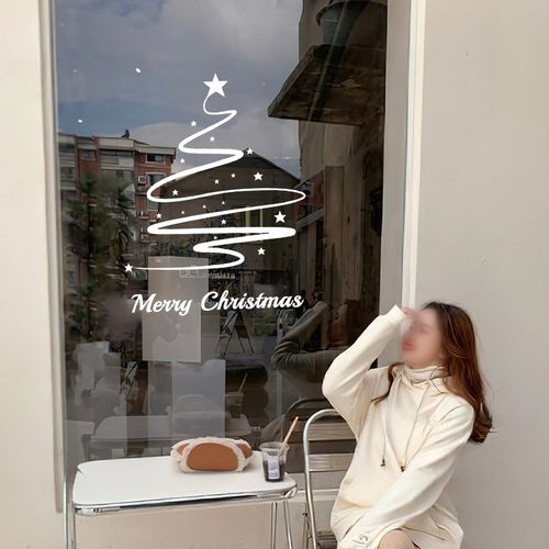 创意圣诞树玻璃窗贴纸2025新年快乐店铺玻璃门橱窗节日氛围装饰