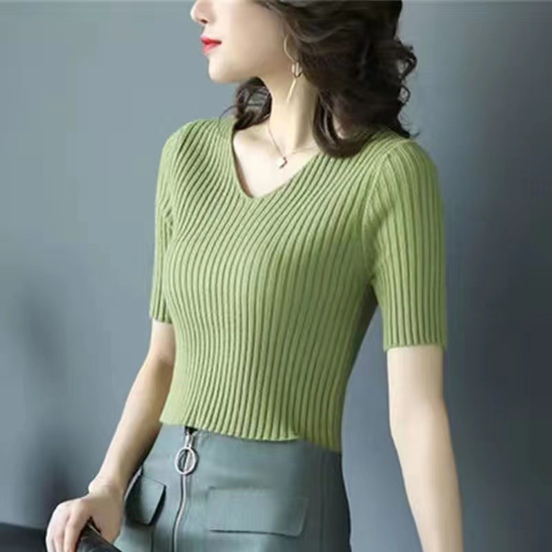 高腰短袖针织衫女2024夏季新款V领薄款修身显瘦短款打底衫t恤上衣
