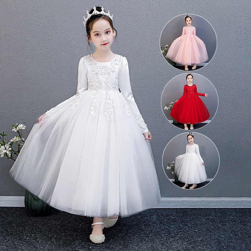 女童白色连衣裙小女孩红色洋气长袖演出礼服儿童公主长裙子春秋冬