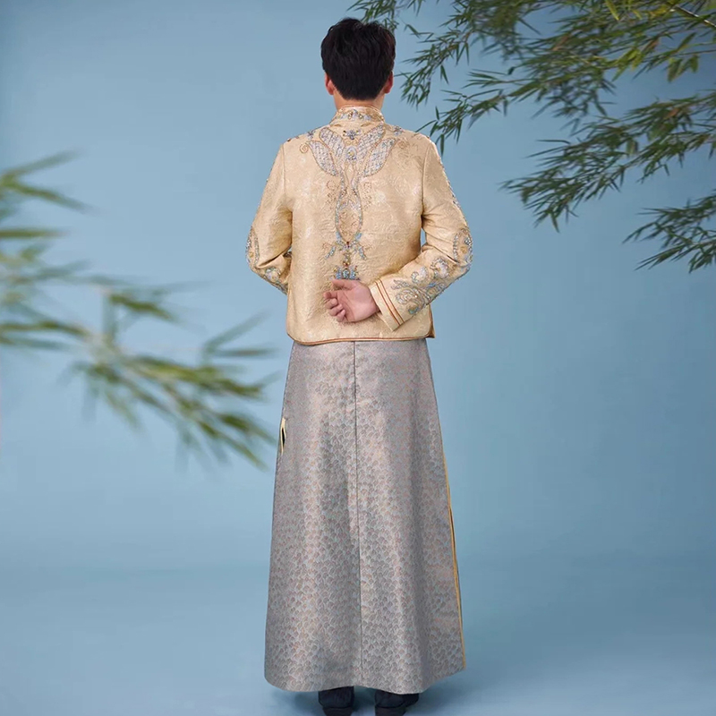 香槟色秀禾服男士2023新款金色中式男装新郎服接亲服龙凤挂唐装男