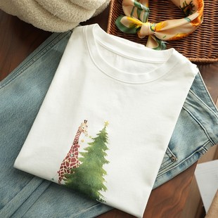 女士圣诞树短袖 女装 T恤 春款 基础纯棉打底衫 160g水洗精棉