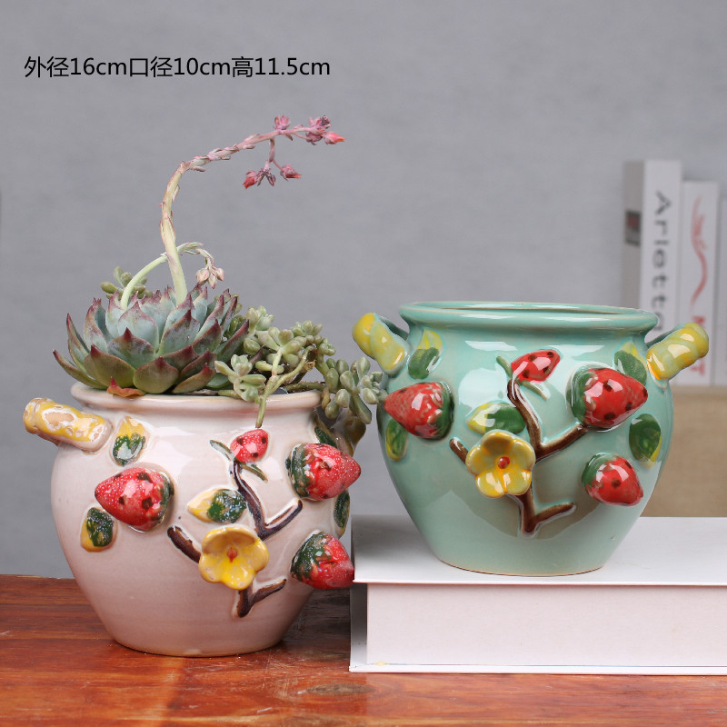 大口径多肉花盆陶瓷流釉粗陶透气个性桌面素烧创意