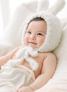 儿童摄影服装小兔子主题可爱白色兔帽宝宝满月百天照拍照沙发道具