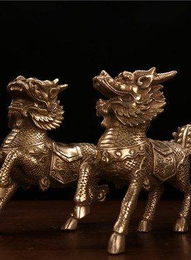 纯铜麒麟办公室酒柜家居客厅摆件摆设铜器工艺品日常开业送礼品