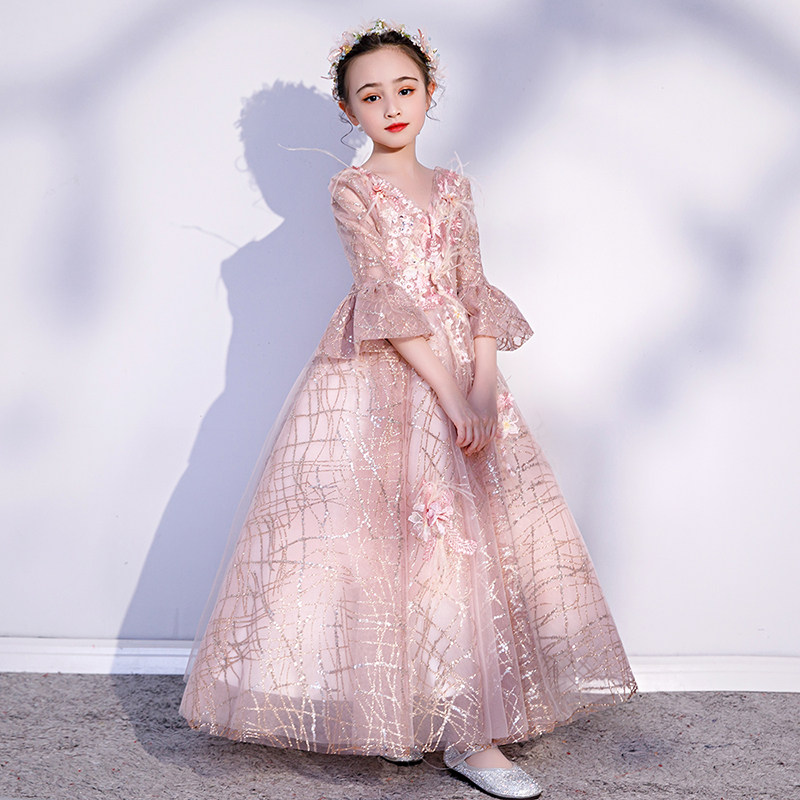 女童礼服粉色公主裙蓬蓬纱儿童喇叭袖主持人晚礼服生日演出服洋气