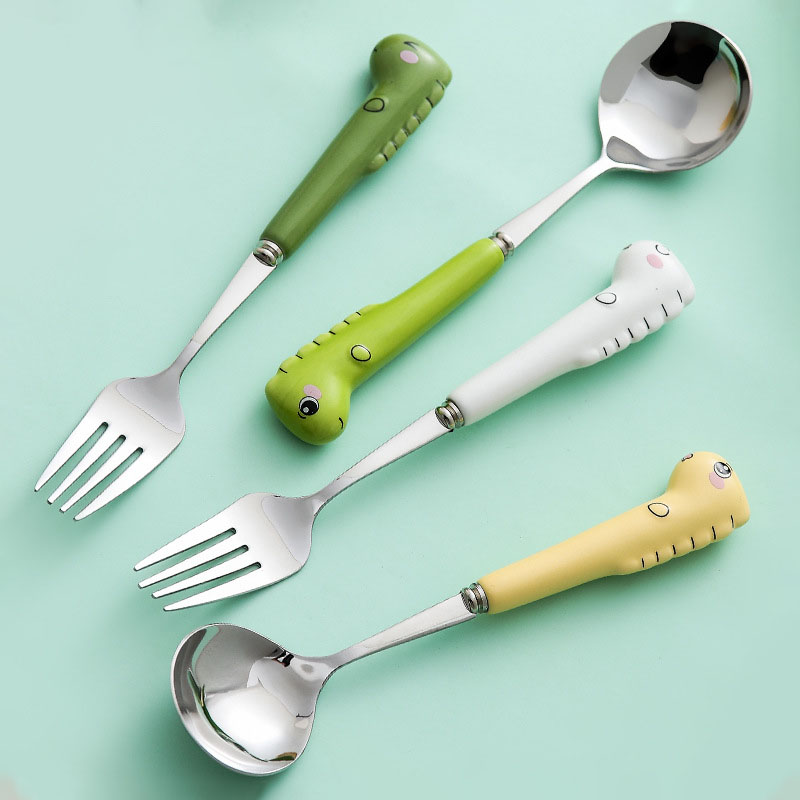 儿童餐勺304不锈钢叉子卡通可爱家用勺子叉子陶瓷柄水果叉吃饭勺