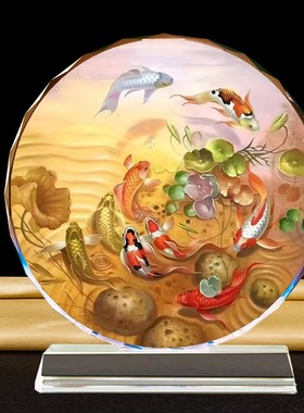 荷花鲤鱼图水晶摆件装饰画招财年年有余九鱼图新中式锦鲤桌面摆台