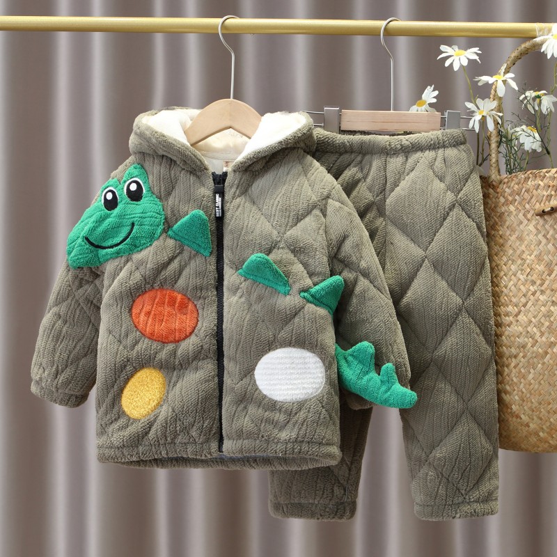 冬款加厚夹棉儿童法兰绒睡衣男女孩保暖珊瑚绒男女宝宝家居服套装