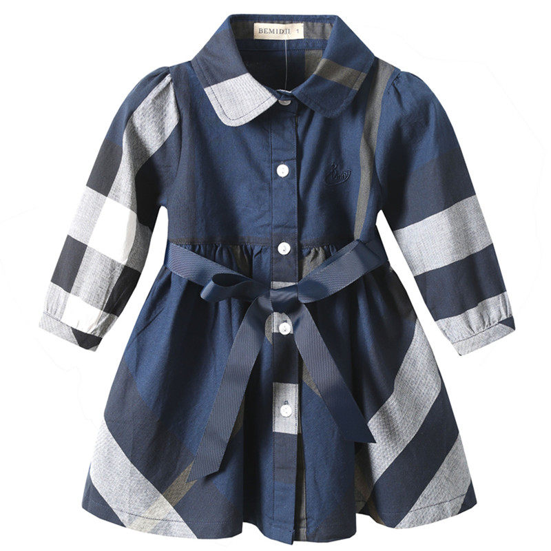 伯米吉春秋装女童藏蓝色格纹长袖连衣裙纯棉英伦风公主裙礼裙童装
