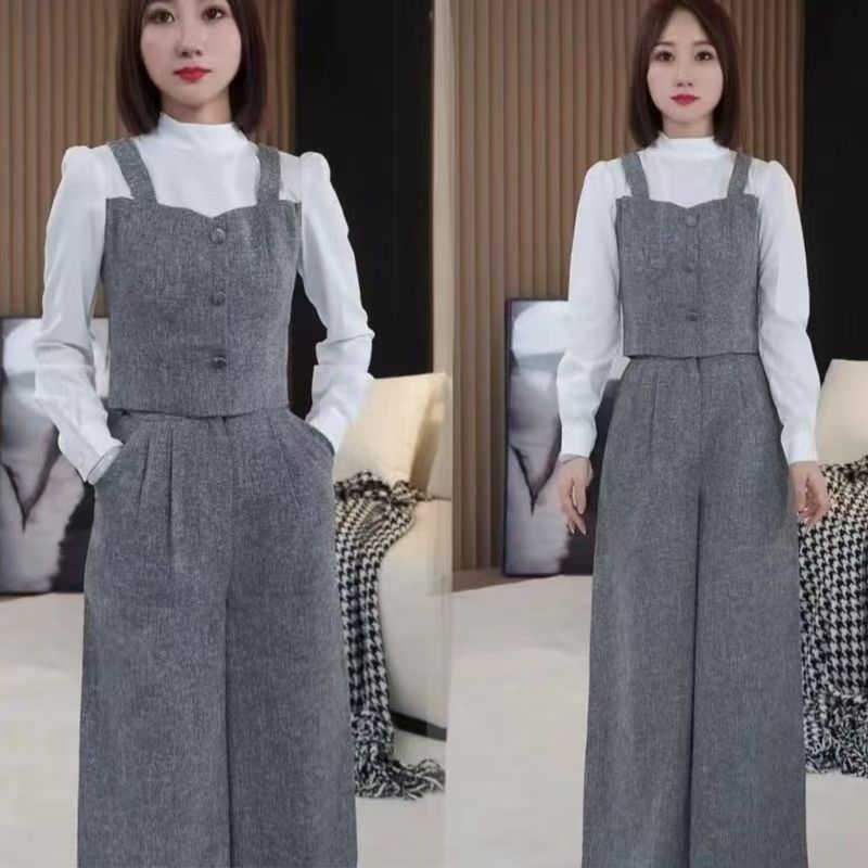 小个子穿搭一整套高级感灰色假两件上衣女秋季休闲阔腿裤两件套女