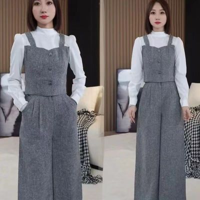 小个子穿搭一整套高级感灰色假两件上衣女秋季休闲阔腿裤两件套女