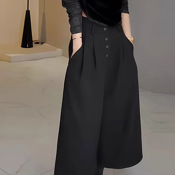 时尚高腰排扣压褶毛呢九分休闲裤