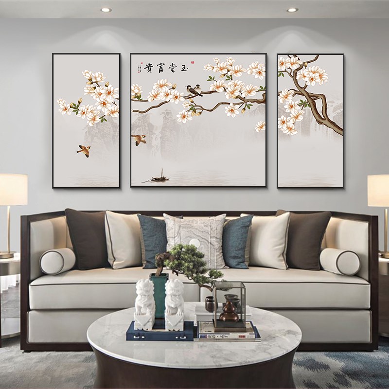 新中式客厅装饰画中国风挂画雅趣沙发背景墙画家庭三联花鸟壁画图片