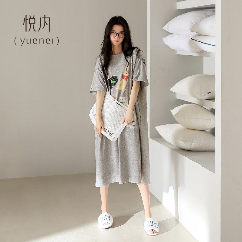 悦内睡裙女款睡衣夏季夏天纯棉家居服宽松大码卡通猫咪休闲可外穿