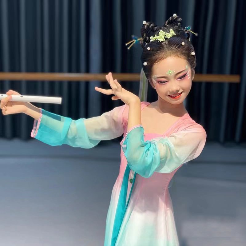 儿童演出服玉灵儿扇子舞蹈服装女童飘逸中国风汉唐小兰花奖古典舞