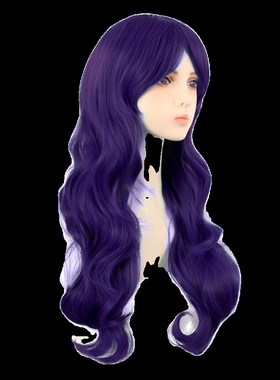 潼漫 cos假发女长发动漫大波浪长卷发70CM暗紫深紫色齐斜刘海头套