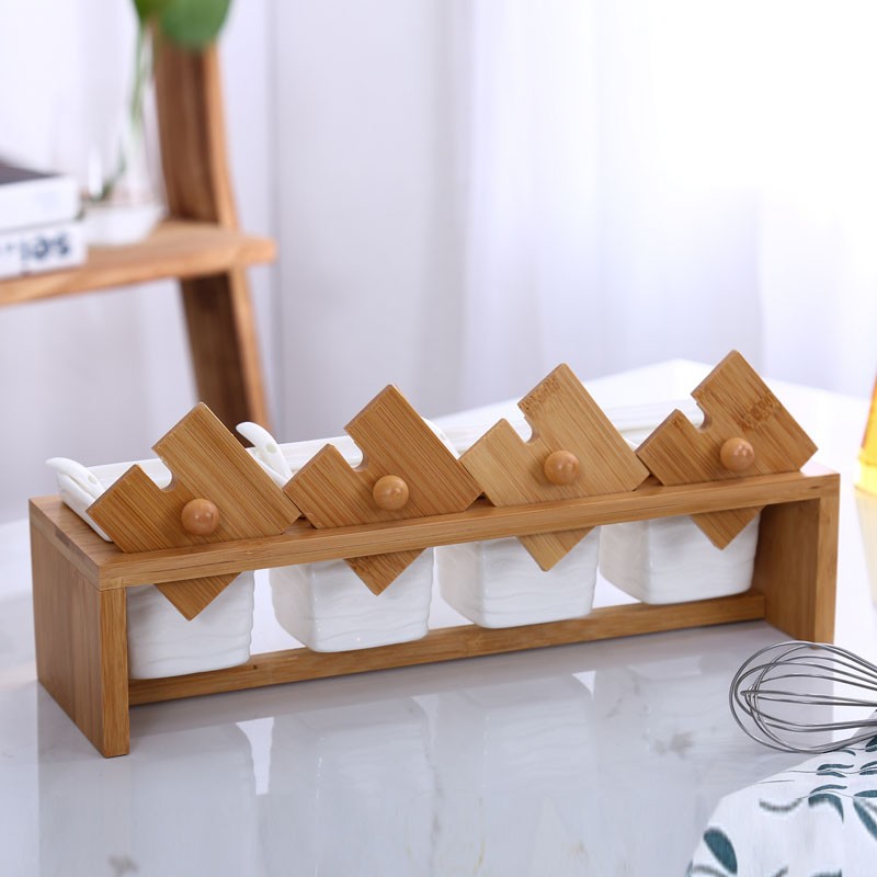 日式厨房陶瓷调味瓶调料罐四个套装调料盒家用调味罐盐罐带架子