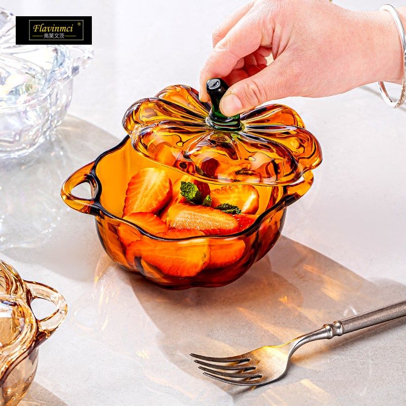 加厚欧式透明玻璃糖果缸带耳圆形南瓜盅带盖喜糖缸厨房干果零食罐