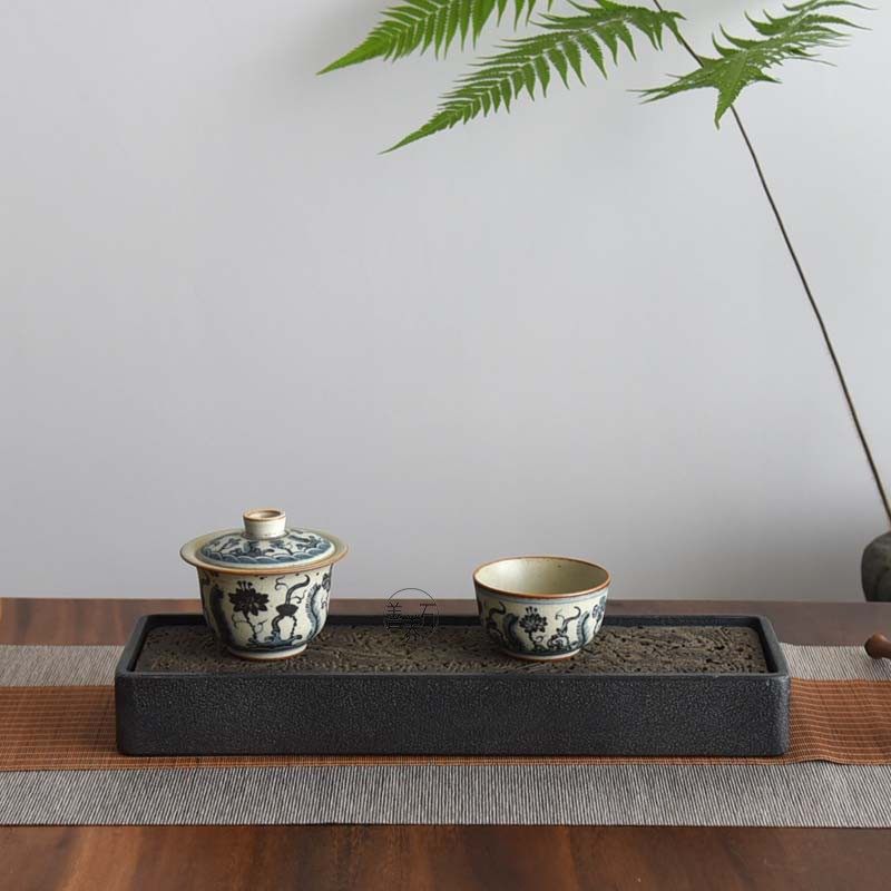 石雕石头茶盘储水古典茶具乌金石小号石槽中国风极简龙纹冷酷高端