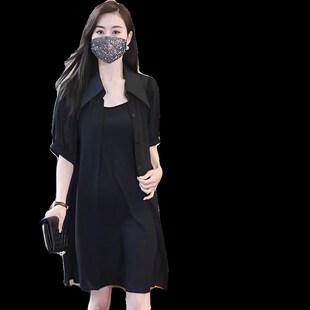 大码 夏季 领连衣裙套装 黑色雪纺衬衫 胖MM气质显瘦吊带裙两件套 短袖