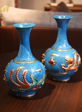 铜欣祥彩铜龙凤花瓶家居装饰品干花花瓶客厅办公室橱窗工艺品摆件