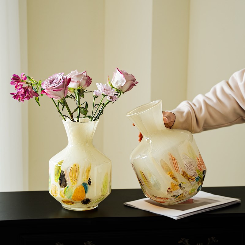 花瓶摆件法式中古琉璃花瓶客厅玻璃插花水养鲜花高级感轻奢装饰品