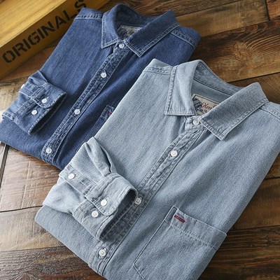 可当外套!重水水洗!舒适纯棉!男士大码休闲翻领长袖牛仔衬衫潮