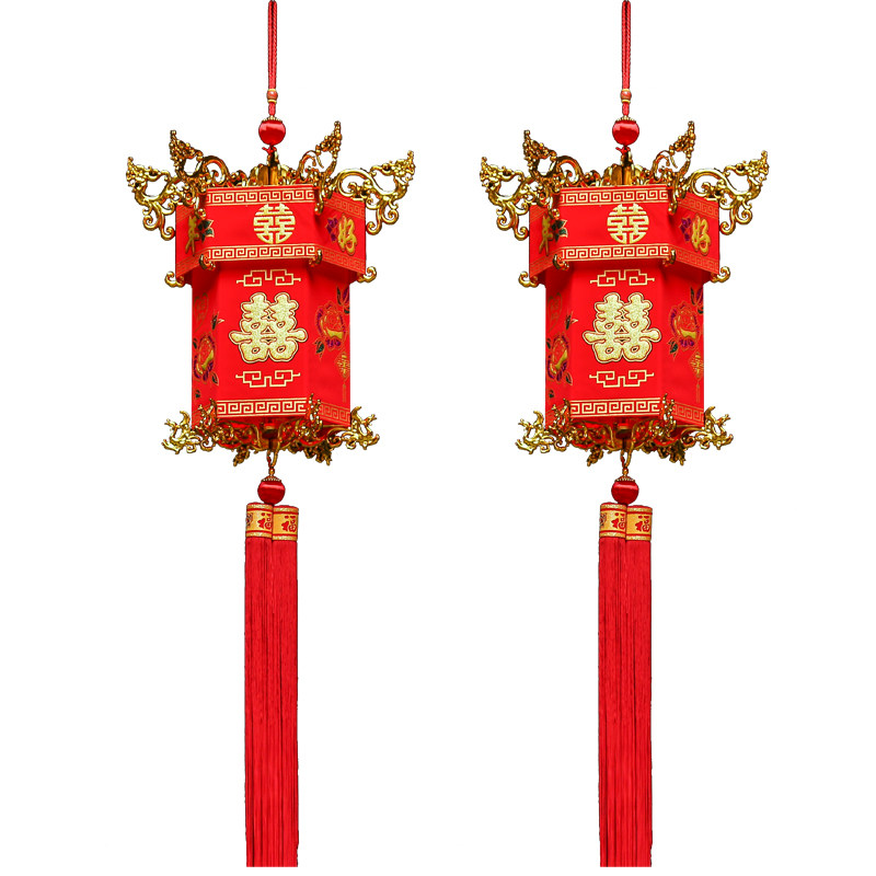 植绒大红灯笼串大门阳台装饰婚礼场景挂件结婚喜字小灯笼喜庆挂饰