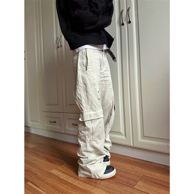F383 2024米白色工装多口袋长裤男女款秋冬新款国潮直筒休闲裤子