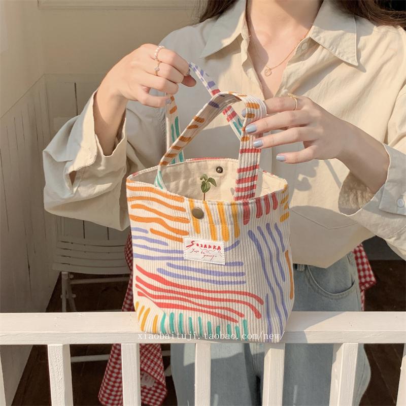 小白兔几  日韩小清新便当包彩色线条手拎帆布袋文艺学生手提包女
