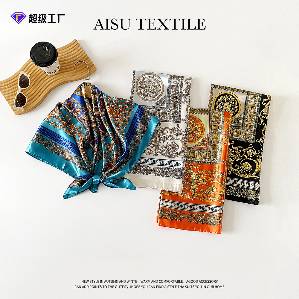 90*90cm丝巾女士大方巾新款印花复古包头巾中东缎面围巾