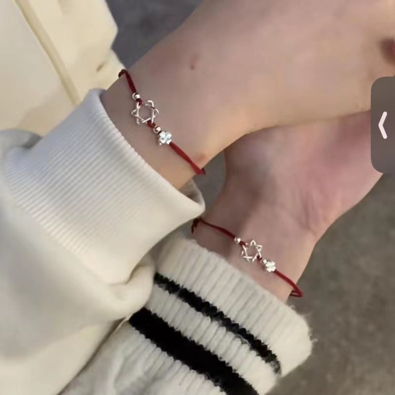 六芒星幸运草红色手绳简约手链红绳简可调节百搭姐妹女生手链