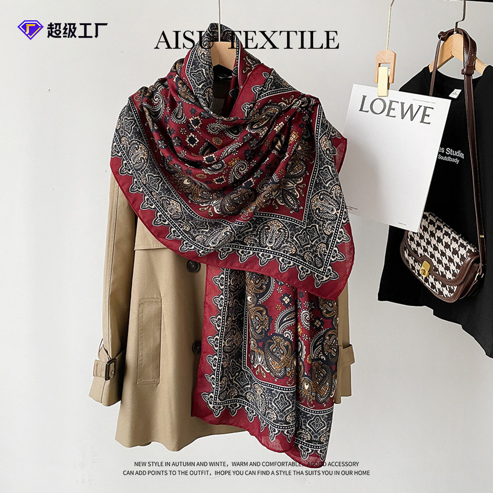 2024新款棉麻围巾女秋季丝巾柔腰果印花安哥拉红披肩头巾