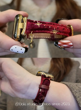 适用小米9pro表带红米watch6女潮流时尚腕带红色星星装饰高级土星扣丝绒皮质轻奢秋冬苹果手表表带