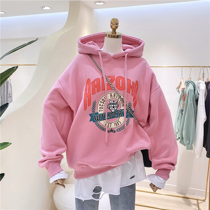 加绒加厚百搭韩版冬款保暖复古印花宽松大码连帽卫衣女帽衫BF外套