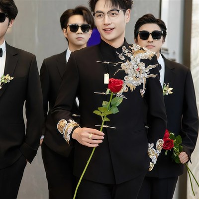 2025新款龙纹刺绣中山装套装男新中式婚庆唐装龙袍订婚礼服春季
