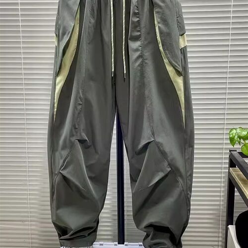 特大码300斤撞色拼接工装裤大码夏季潮牌宽松休闲运动束脚哈伦裤2