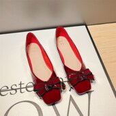 红色婚鞋 子女晚晚 女平底浅口软底豆豆鞋 仙女鞋 网红百搭方头w单鞋