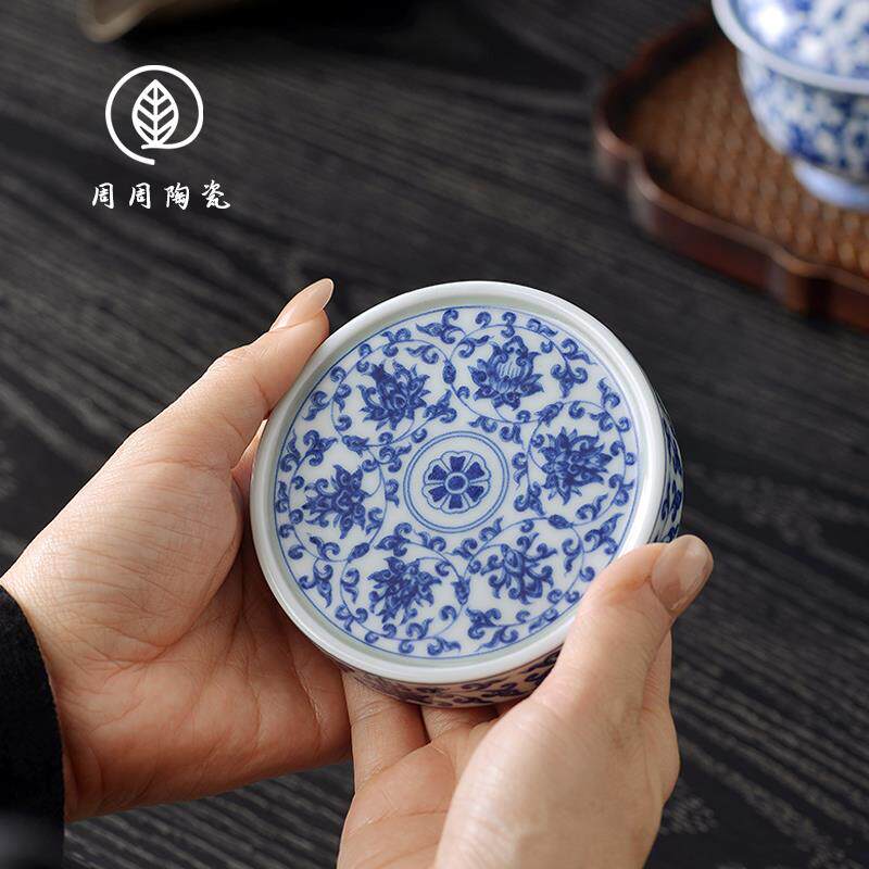 景德镇七丞堂青花缠枝莲盖置陶瓷杯垫紫砂壶盖托壶承家用茶道零配