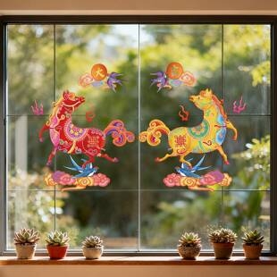2026春节马年故宫窗花元旦新款玻璃贴新年静电贴装饰玻璃门贴福字