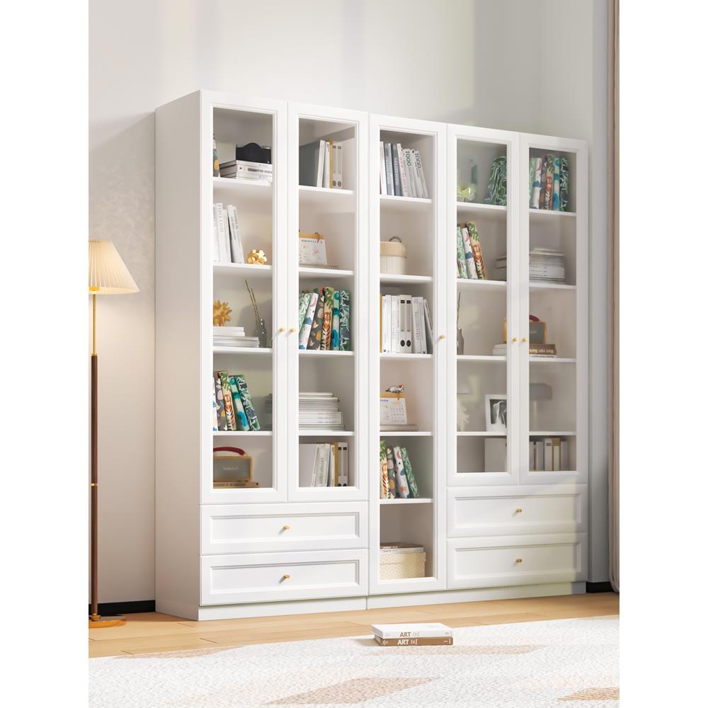 可比熊实木书柜带玻璃门家用书架置物架客厅落地储物柜防尘组合柜