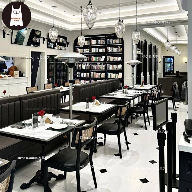 法式融合西餐厅实木石板餐桌咖啡厅酒吧烘焙甜品店桌椅组合方形圆