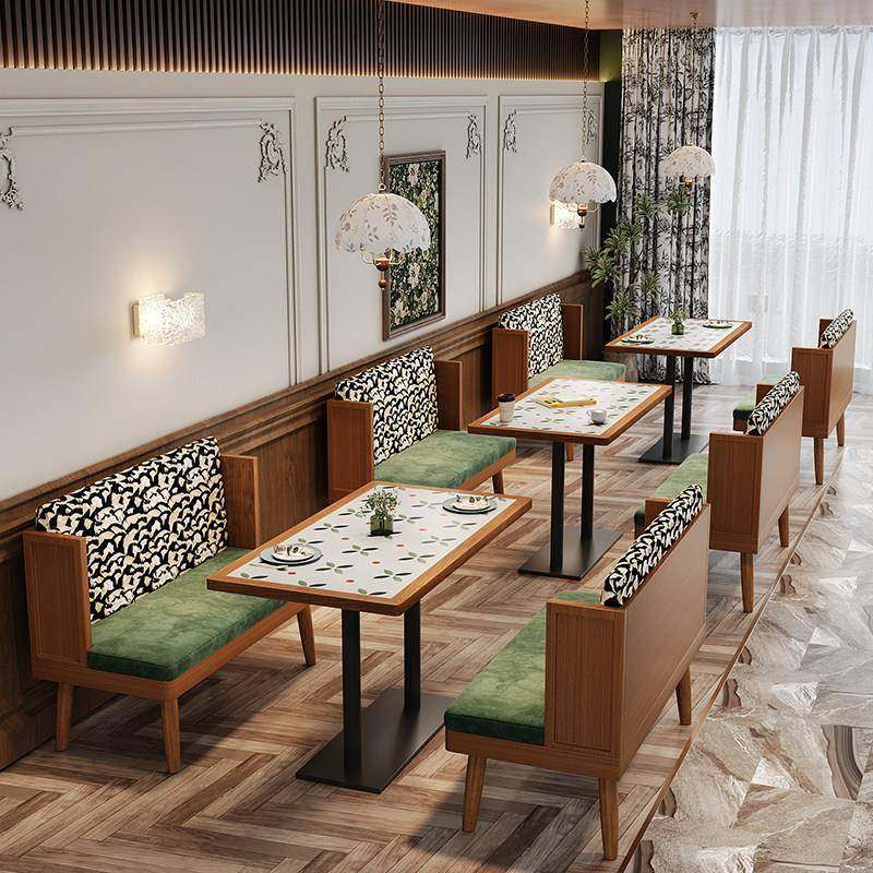 实木卡座奶茶店沙发椅咖啡厅桌椅组合商用西餐厅靠墙座椅东南亚风