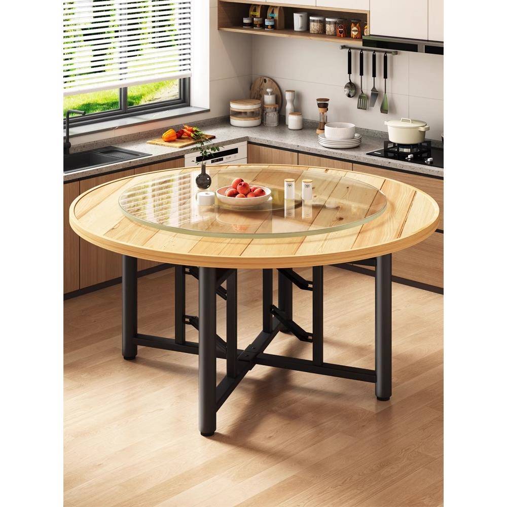 实木大圆桌面板餐桌家用小户型折叠带转盘10人位圆形餐桌杉木圆桌