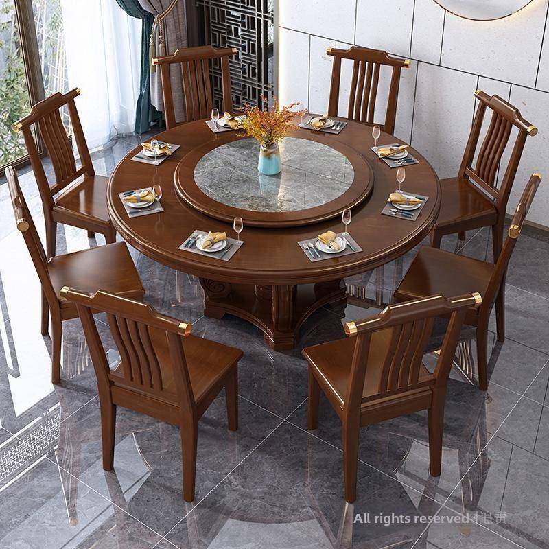 新中式实木餐桌家用8人饭桌圆餐桌带转盘酒店饭店1.8m圆形大圆桌