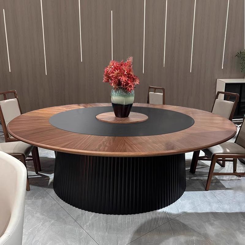 新中式酒店电动大圆桌15人20人岩板镶嵌转盘餐桌会所家具餐厅圆桌